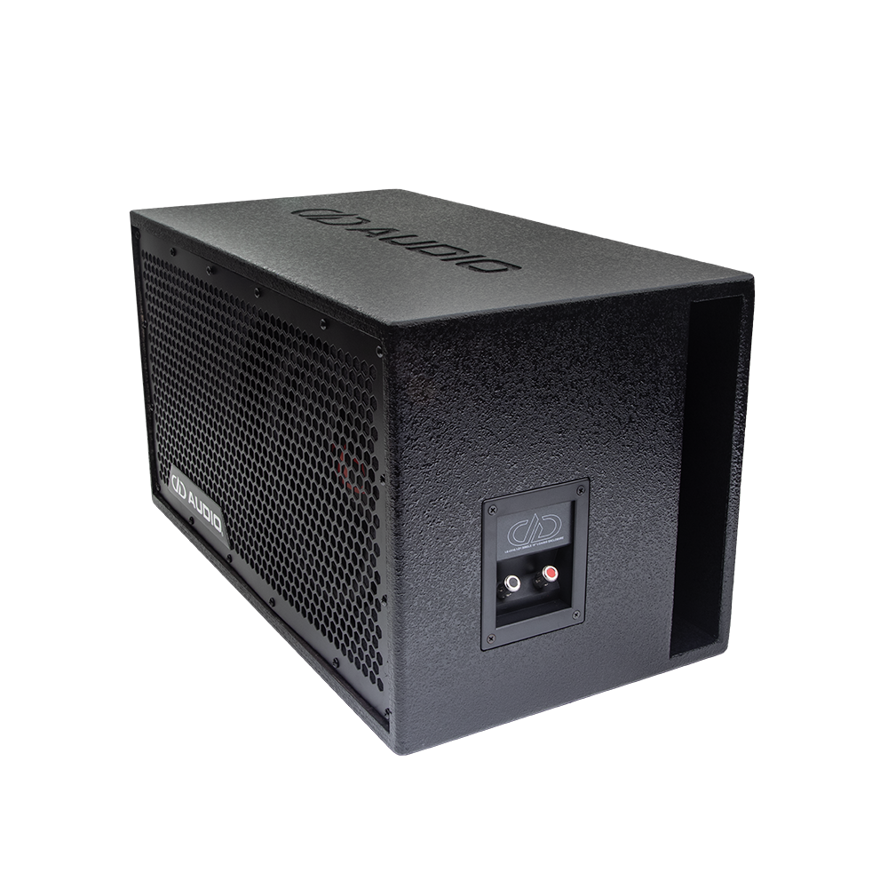 LE-C510.1 Photo angled to the left showing the full frame protective grill, the single 500 Series 10 inch subwoofer, the side firing port, and push connector panel