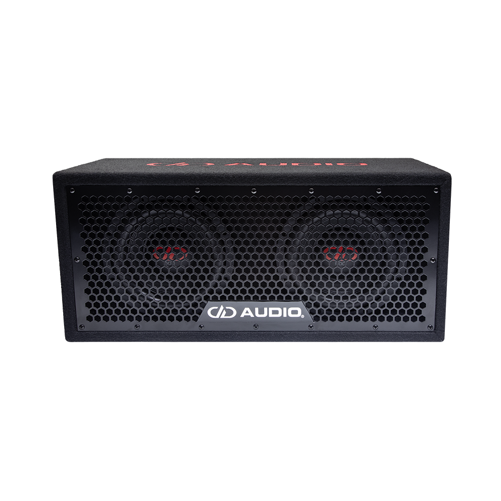 Photo of LE-508.2 Front Facing to show full hex grill, DD logo badge, embroidered top logo, and the two 508e subwoofers