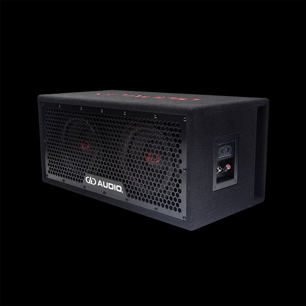 Photo of LE-508.2 Front Angled Left to show full hex grill, DD logo badge, embroidered top logo, terminal cup connectors, and the two 508e subwoofers