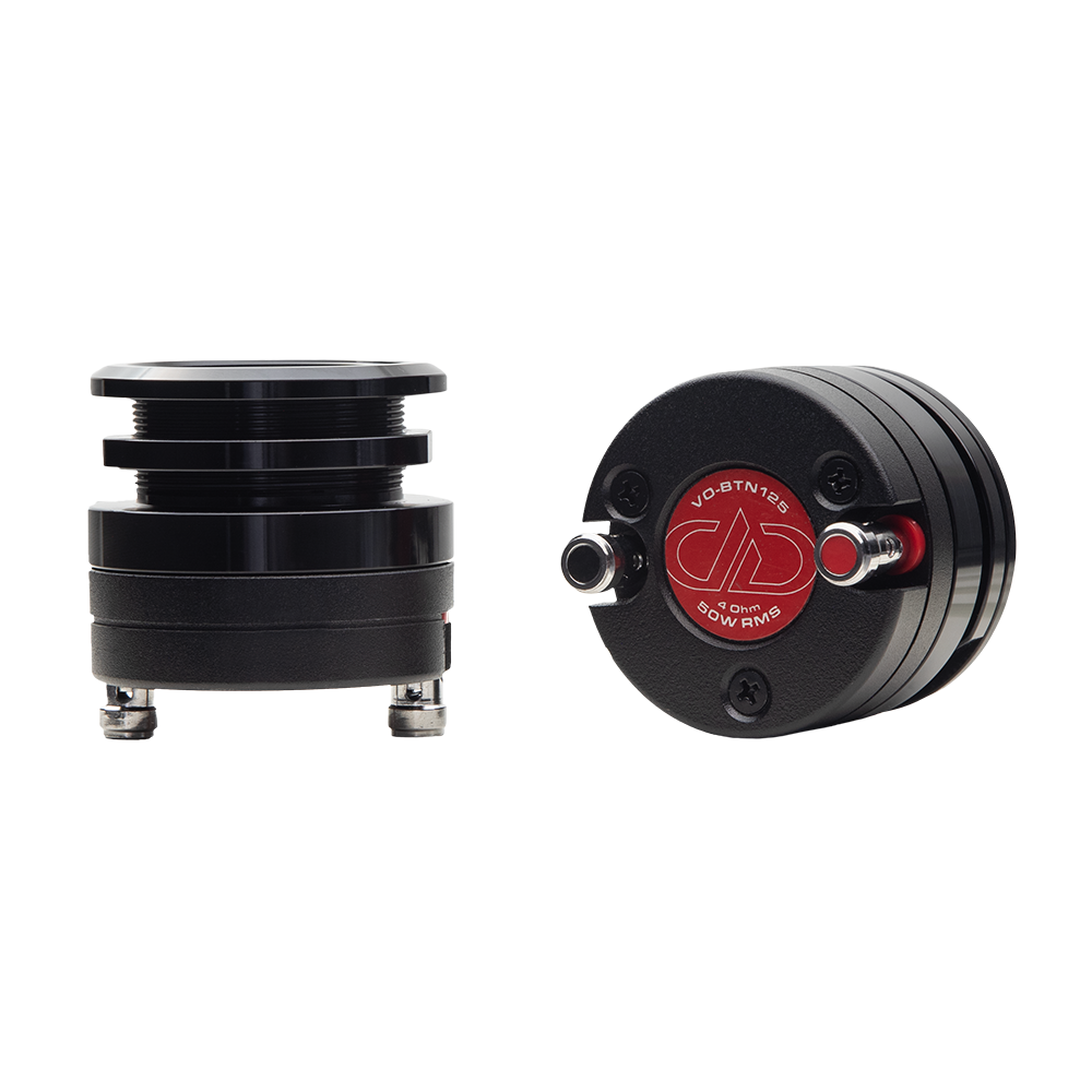 Photo of VO-BTN125 pair - one angled top to bottom showing entire profile, the other angled back to front showing DD logo, connection terminals and motor housing