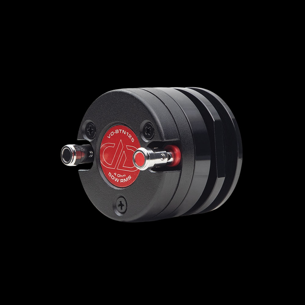 Photo of VO-BTN125 angled back to front showing DD logo, connection terminals and motor housing