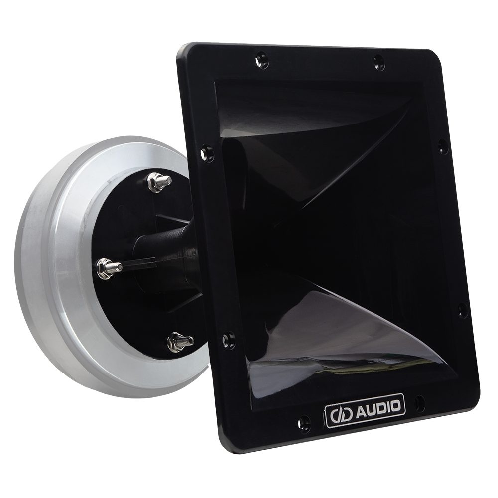 Photo of VO-CT8x8 horn with VO-CT75 attached (not included) angled slightly to show mostly horn opening adorned with DD AUDIO logo
