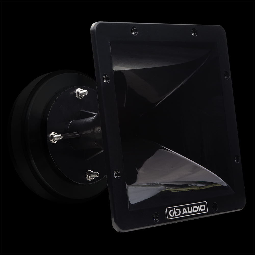 Photo of VO-CT8x8 horn angled slightly to show mostly horn opening adorned with DD AUDIO logo