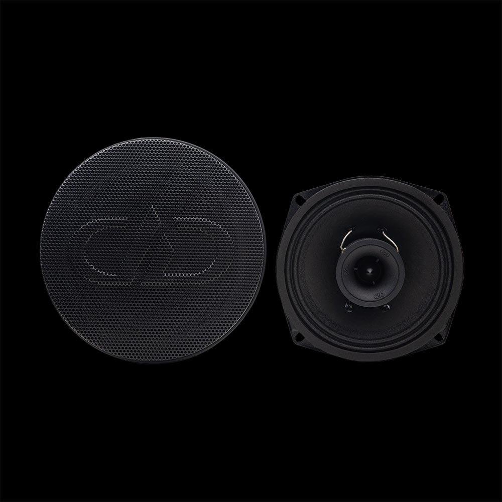 Photo of VO-XN305 5.25 neo coaxial pair, first facing front to show grill with embossed logo, the other front to show tweeter and cone