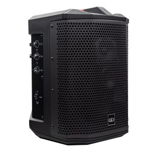 Photo of rager-wpa-3.1 Wireless Pro Audio speaker shot front angled to show most of the speaker grill and part of the controls on side
