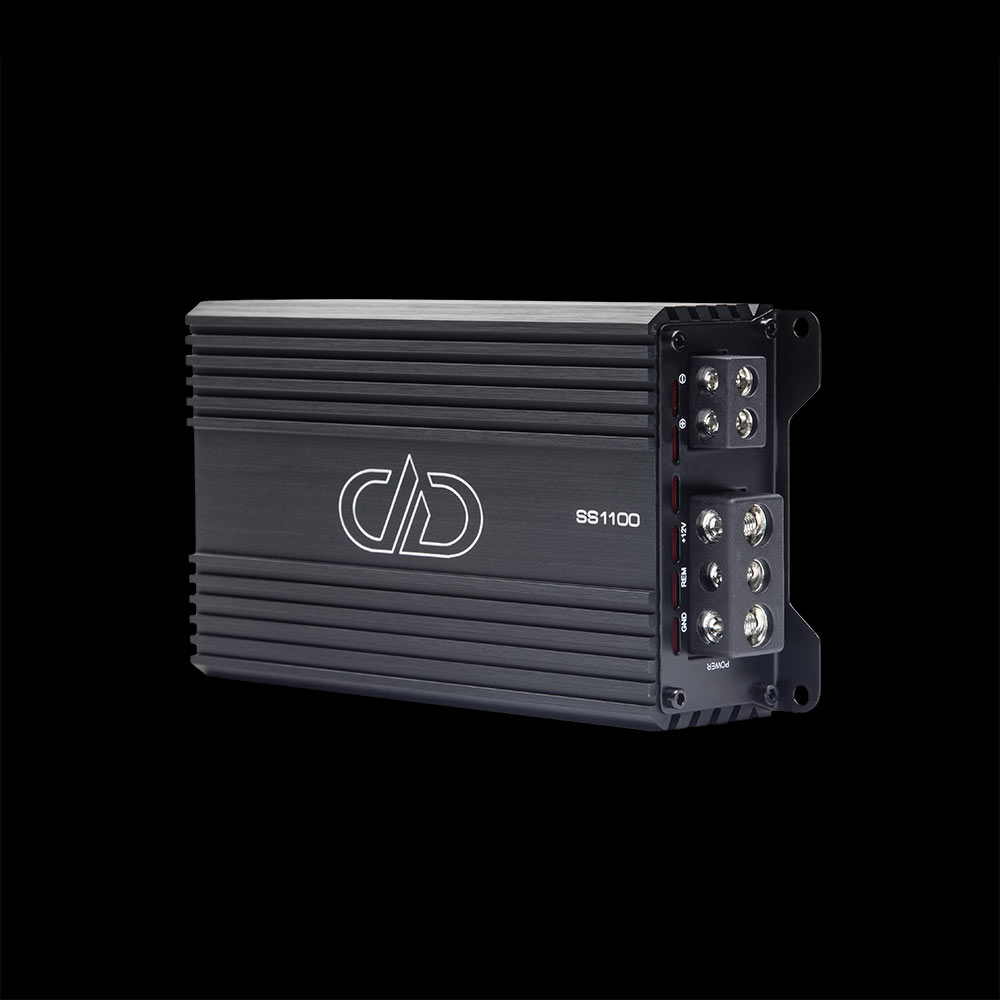 Photo of SS1100 on side angled to show connection panel, top plate, logo, model number