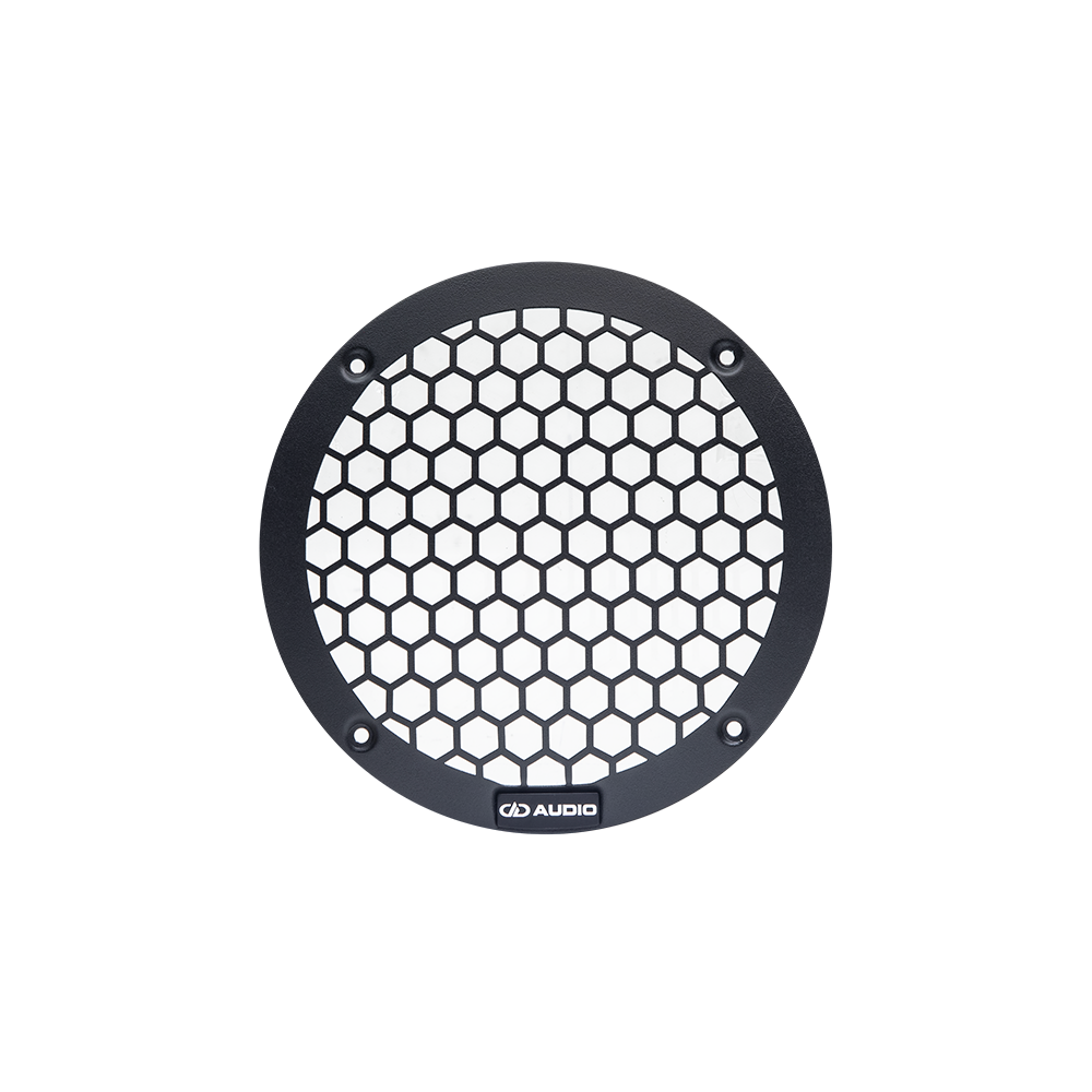Photo of 6 inch metal mesh grill front facing, showing the logo badge at the bottom