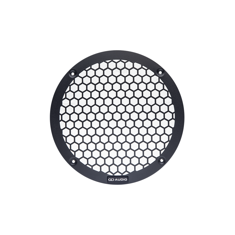 Photo of 8 inch metal mesh grill front facing, showing the logo badge at the bottom