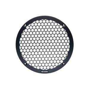 Photo of 10 inch metal mesh grill front facing, showing the logo badge at the bottom