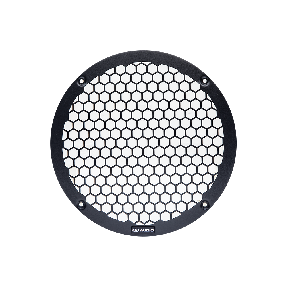 Photo of 10 inch metal mesh grill front facing, showing the logo badge at the bottom