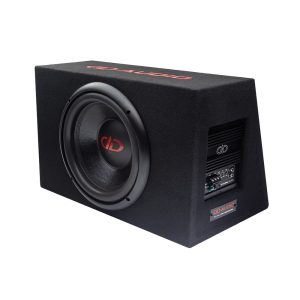 Photo of PLE-112.1 enclosure angled to show integrated AP400 Monoblock on side and subwoofer in front