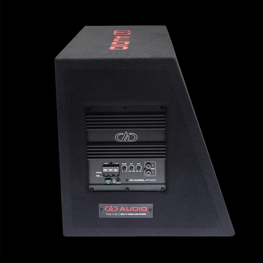 Photo showing PLE-112.1 enclosure from side with integrated AP400 Monoblock Amplifier - featuring the logo and controls