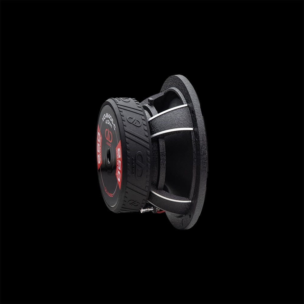 Photo of VO-M406-C Midrange shot back to front from side angled to show full motor and textured cast frame