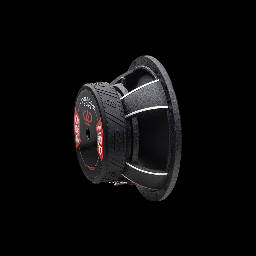 Photo of VO-M408-C Midrange shot back to front from side angled to show full motor and textured cast frame