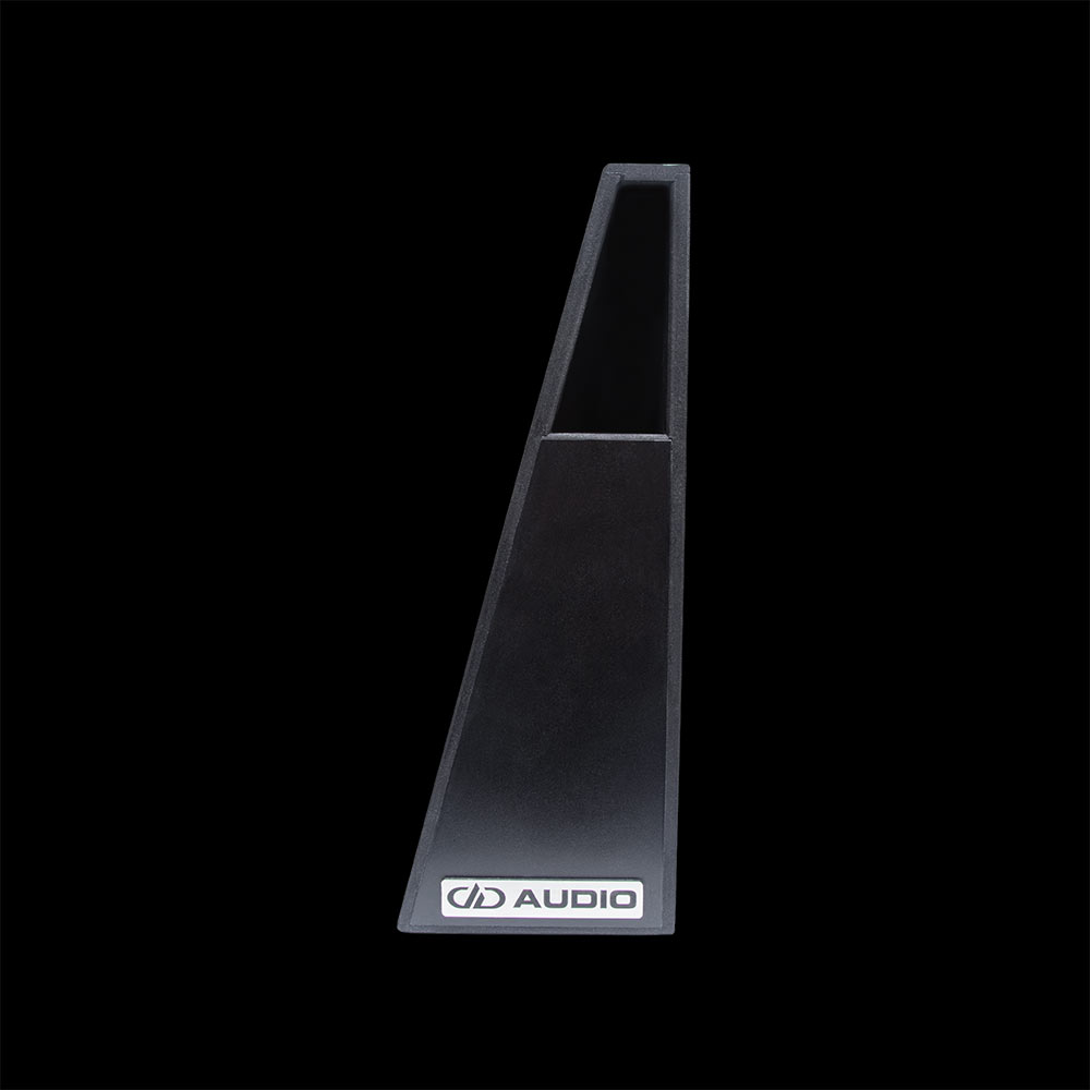 Photo of Unloaded Tundra Wedge Enclosure for 10" Slim Sub side shot front to back to show side port, and metal DD AUDIO logo badge