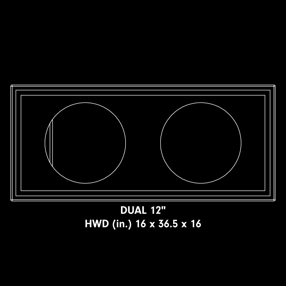 Diagram showing an unloaded enclosure with the text "Dual 12 inch enclosure - HWD (in) 16 x 36.5 x 16"
