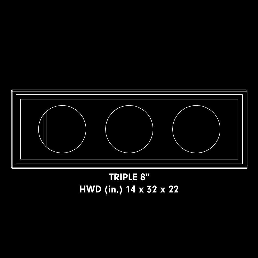 Drawing of unloaded enclosure with words Triple 8" (the speaker size) 14" x 32" x 22" (the dimensions)
