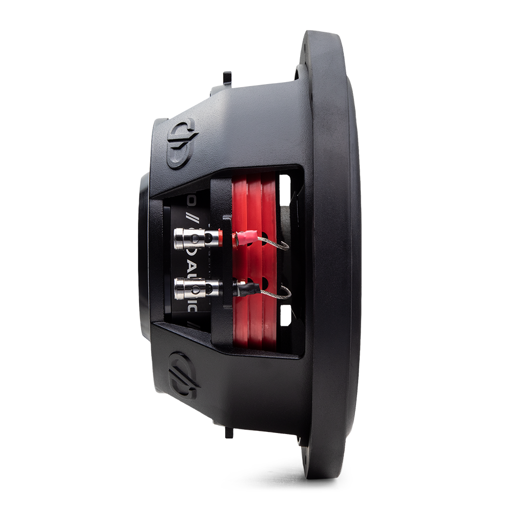 10 inch slim series subwoofer shot profile back to front showing push terminals, shallow basket, motor