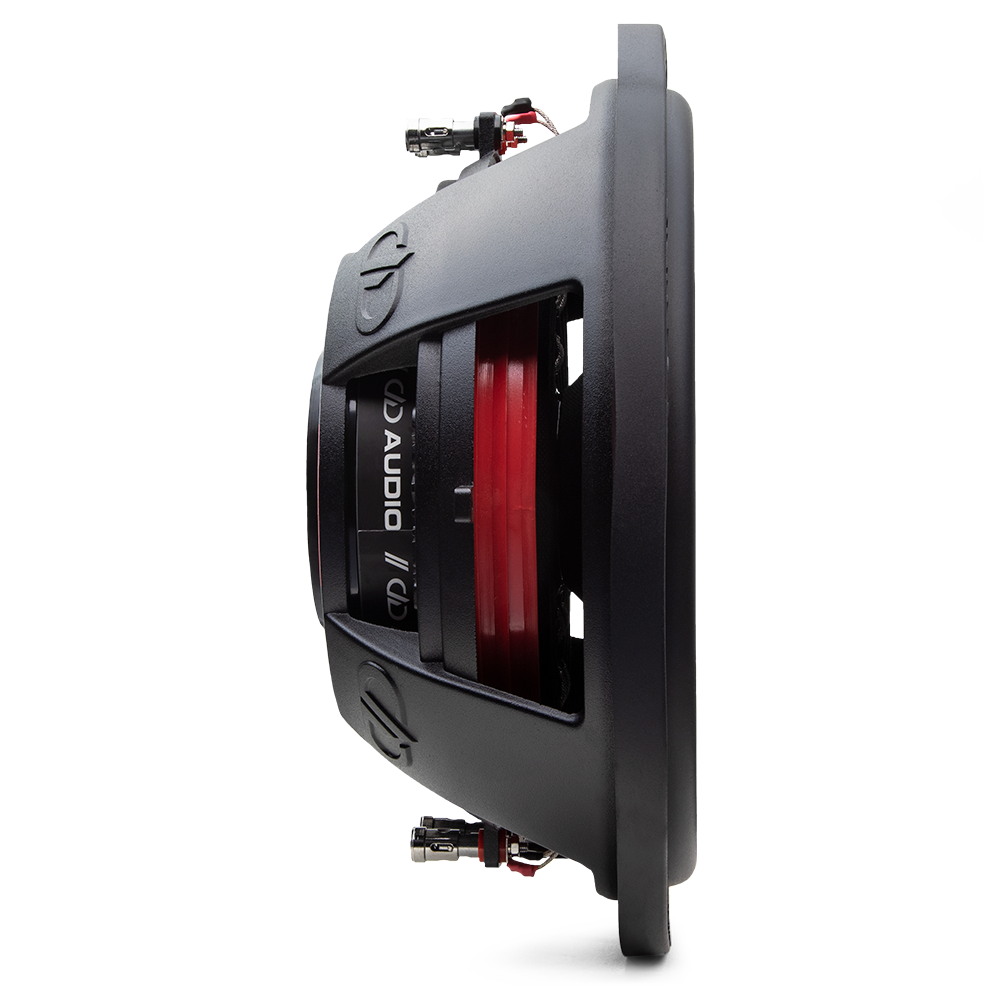 12 inch slim series subwoofer shot profile back to front showing push terminals, shallow basket, motor