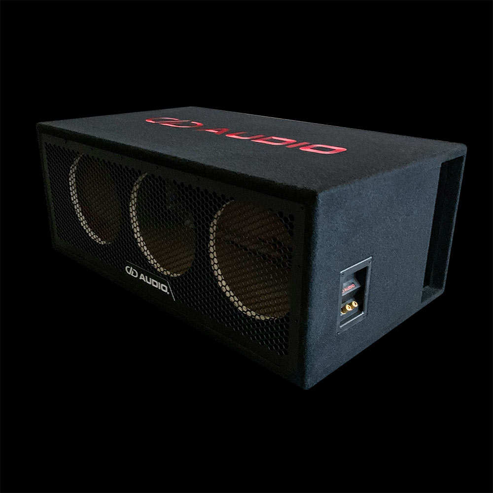 Photo of unloaded Triple 10" Enclosure showing side port, connection panel, and logo on top