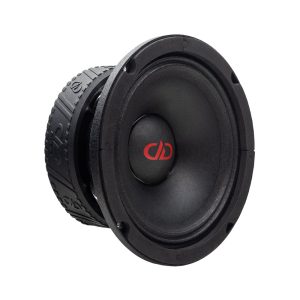 Photo of VO-M406-C Midrange shot front to back angled to show gasket, surround, full cone, logo, and motor with boot
