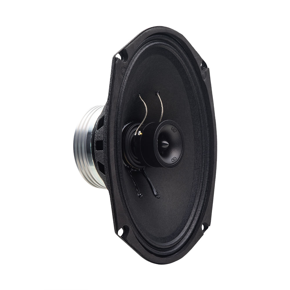 Photo of VO-XN369 neo coaxial speaker angled right to show part of motor, cone and tweeter