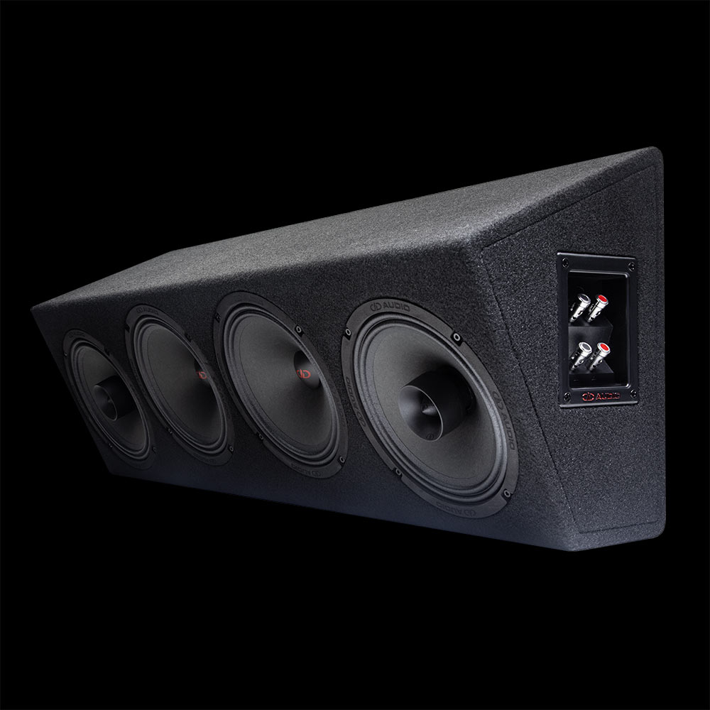 Photo of the plank facing front angled left shot top to bottom to show two VO-MX208s, two VO-M208s (8 inch mids and coaxials), and standard included terminal cup with push connectors