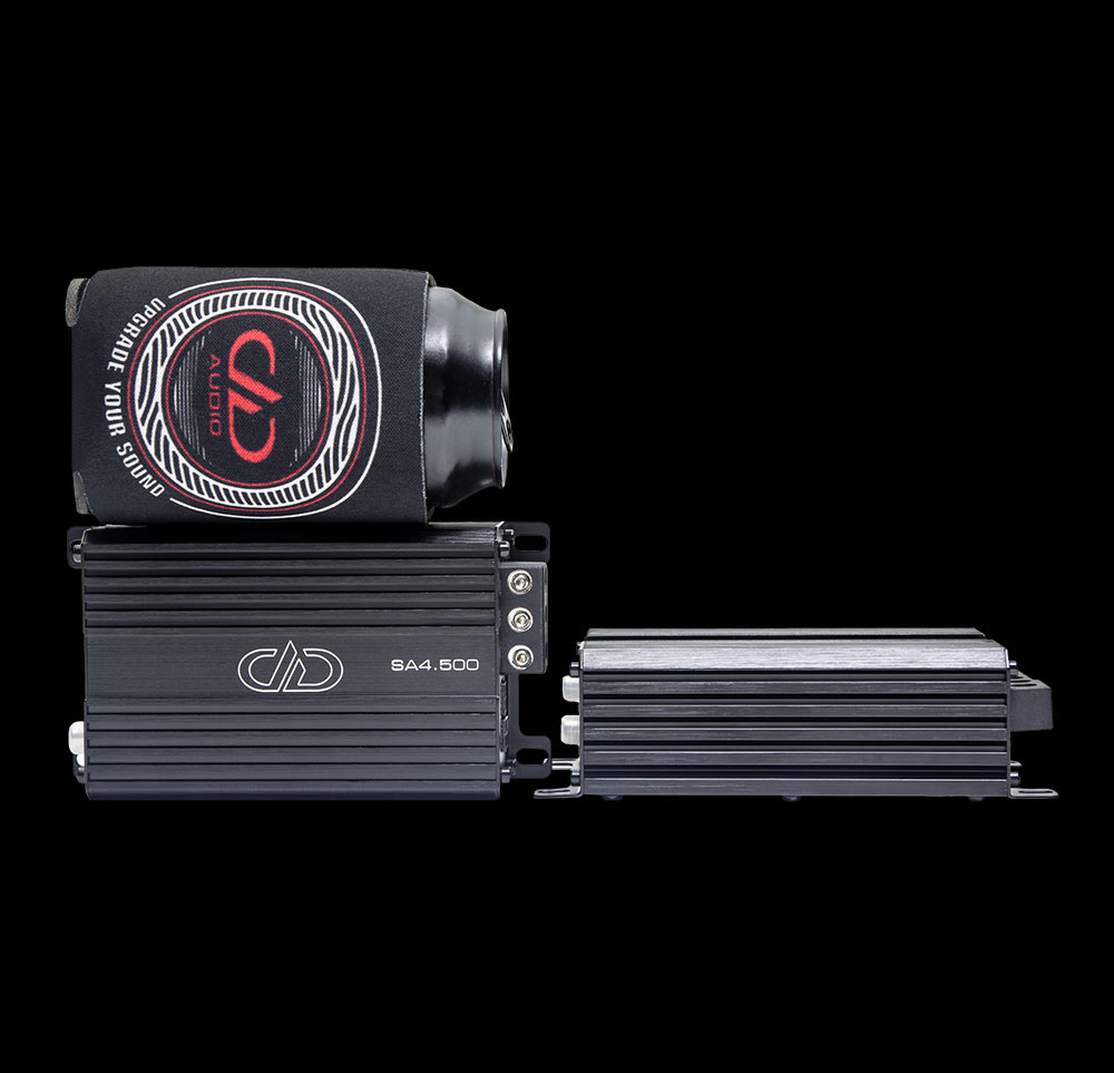 Photo of two SA4.500 amps - one facing front, the other on side with a beverage can in DD Koozie on top for size reference