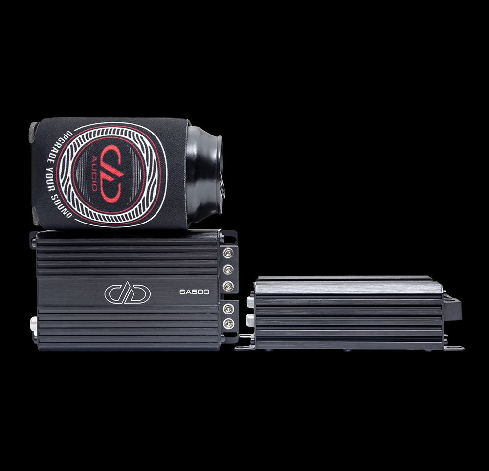 Photo of two SA500 amps - one facing front, the other on side with a beverage can in DD Koozie on top for size reference