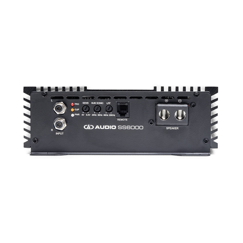 Photo of SS6000 showing close up of end panel showing speaker inputs and settings