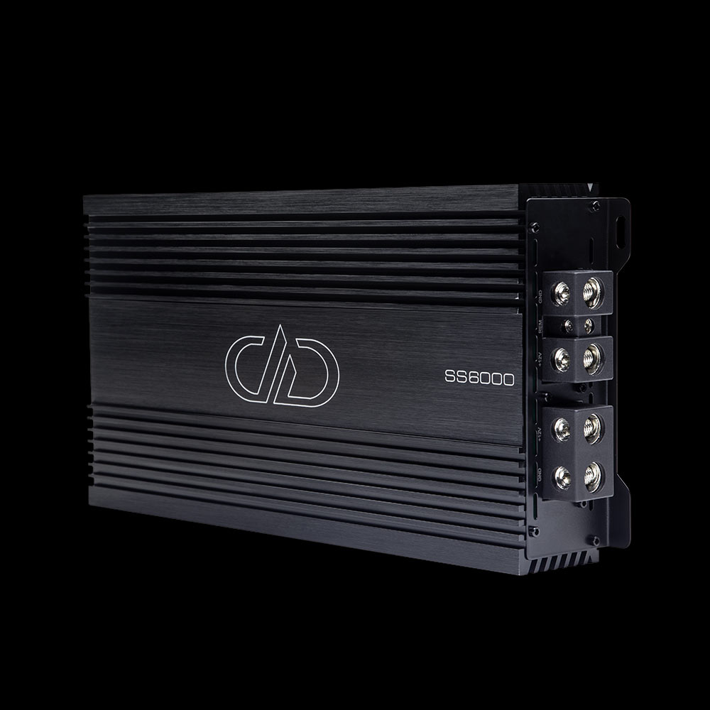 Photo of SS6000 on side showing full top plate with logo and model number, and part of end panel with power connection points