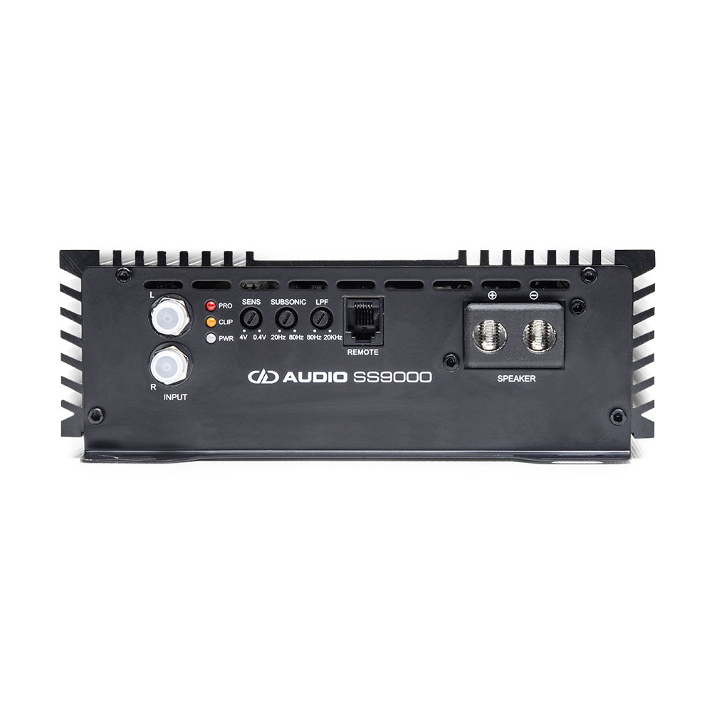 Photo of SS9000 showing close up of end panel showing speaker inputs and settings