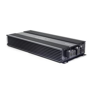 Photo of SS9000 laying flat with top plate facing up showing logo and model number, and part of end panel with power connection points
