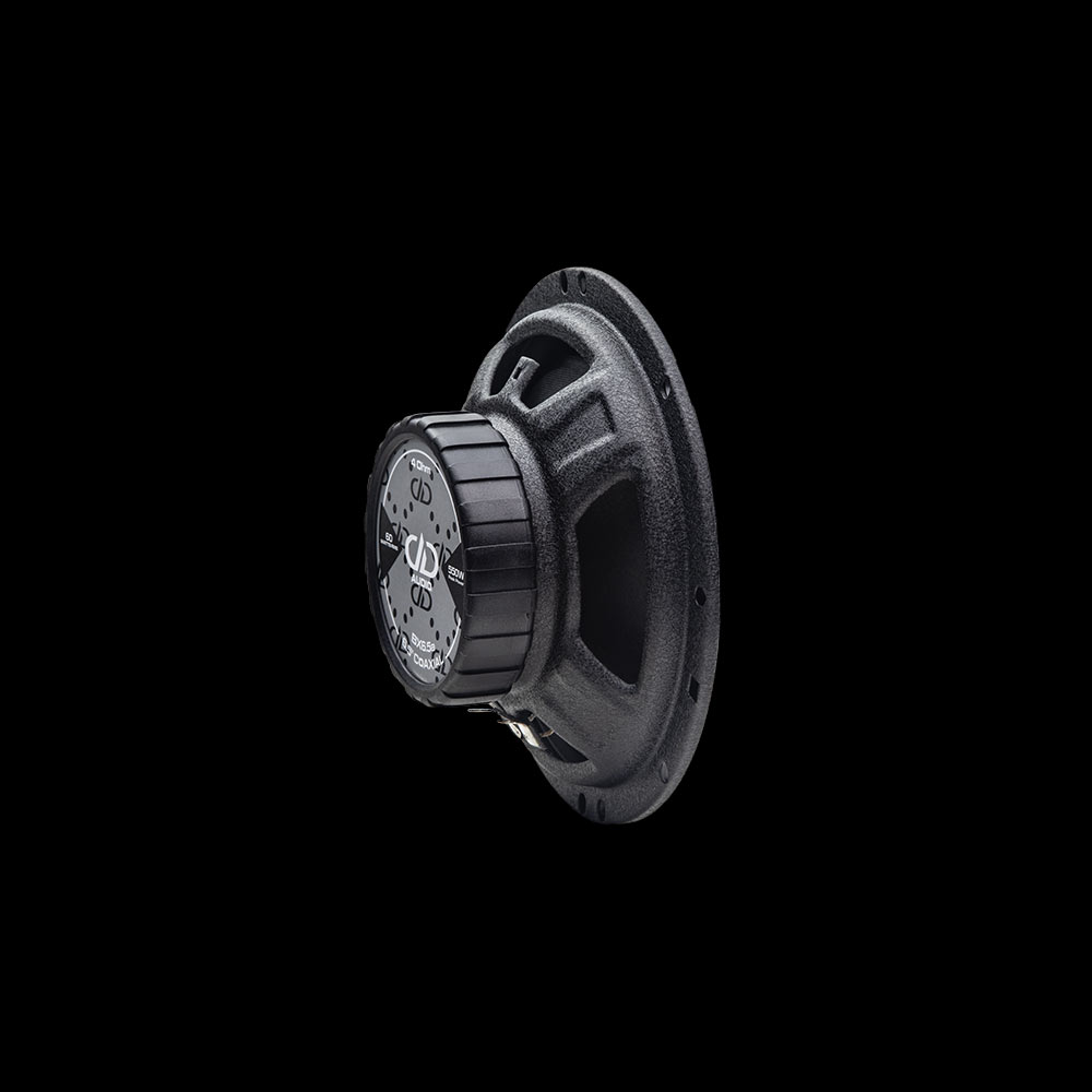 Photo of the B coaxial speaker angled back to front to show motor with DD logos on backplate sticker and the basket