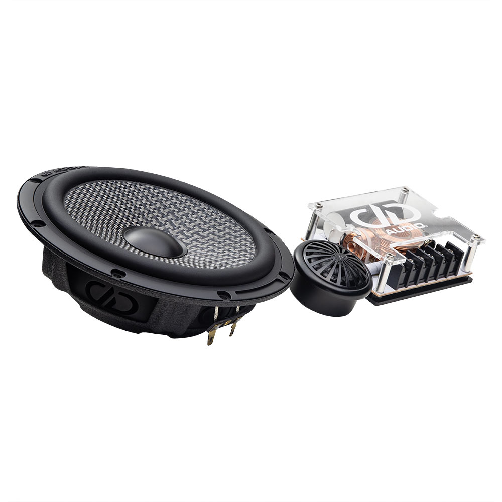 Photo of full C Series component set angled to show back to front of the woofer, tweeter and optional crossover.