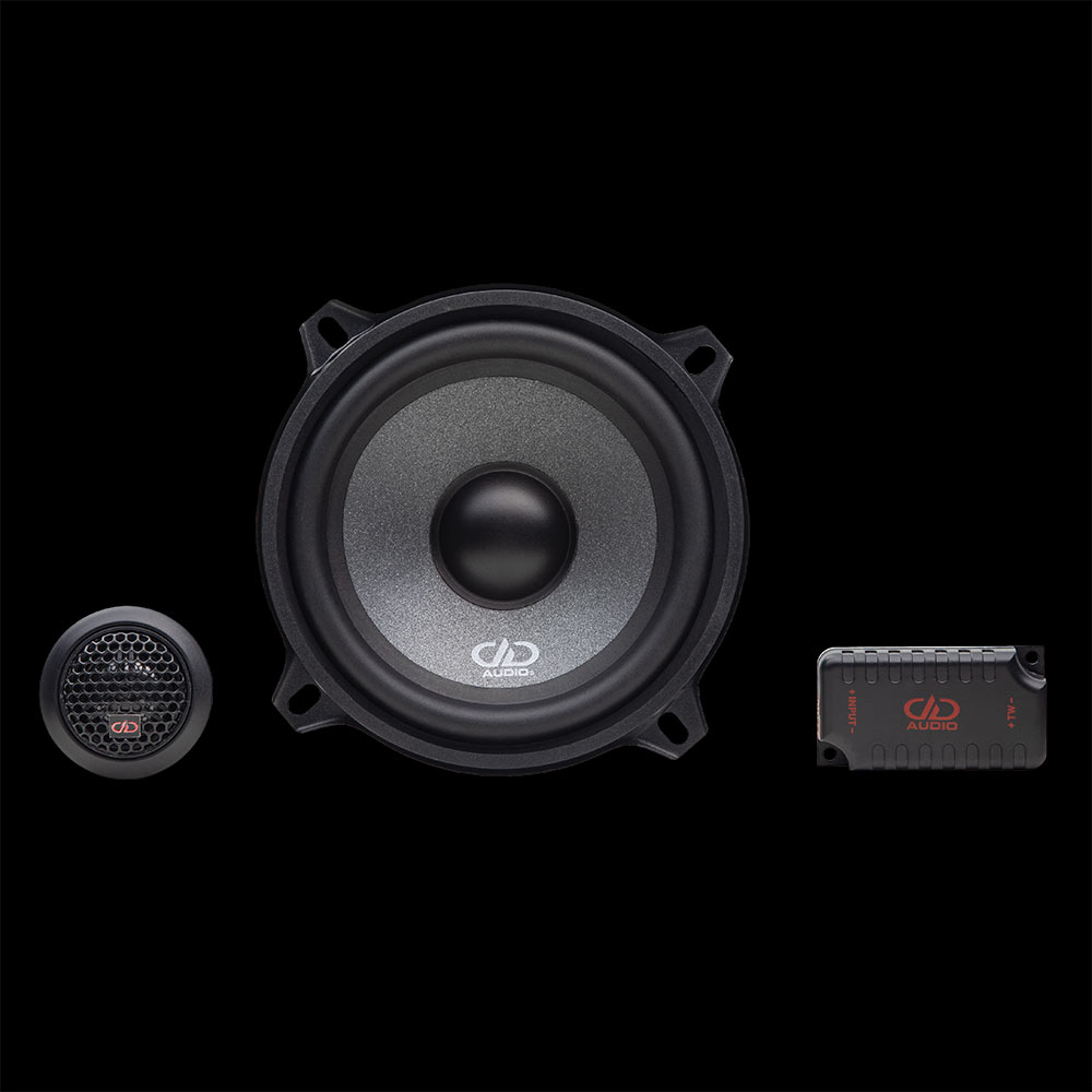 Photo of RL-CW5.25b component set with tweeter, midrange and crossover facing front