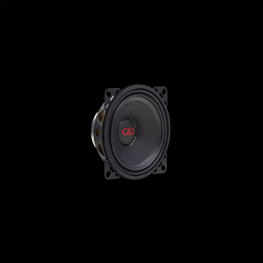 Photo showing VO-MN104 Midrange Neo speaker facing front angled right to show cone, dust cap, mounting brackets