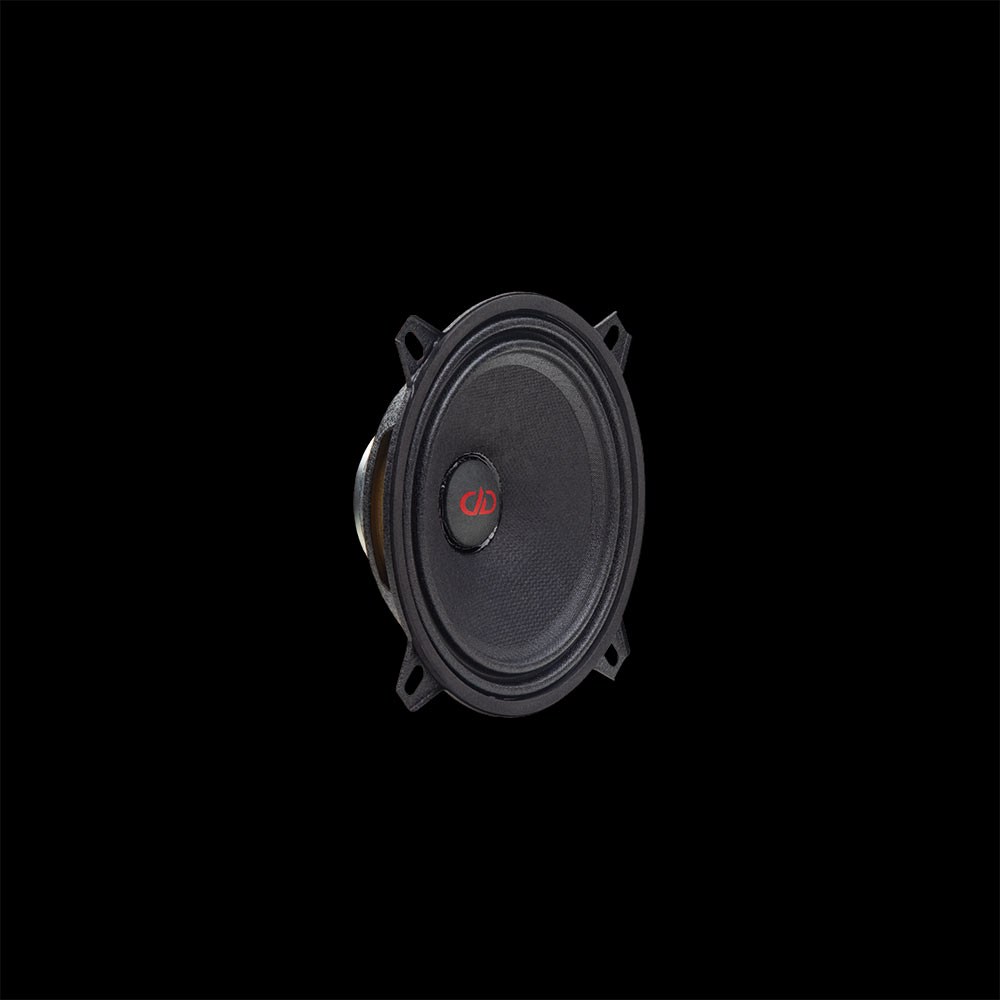 Photo showing VO-MN105 Midrange Neo speaker facing front angled right to show cone, dust cap, mounting brackets