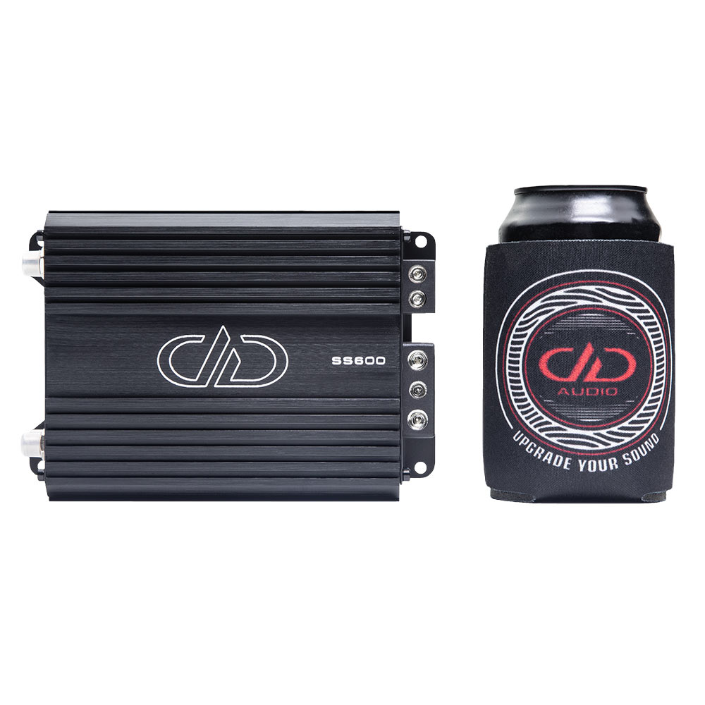 Photo of SS600 showing full top plate with logo and model number next to koozie for size reference