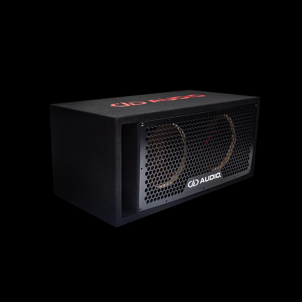 Photo of dual 8 inch unloaded enclosure facing front angled right to show front grill with DD AUDIO logo and port, and a slight glimpse of DD AUDIO logo embroidered on top.