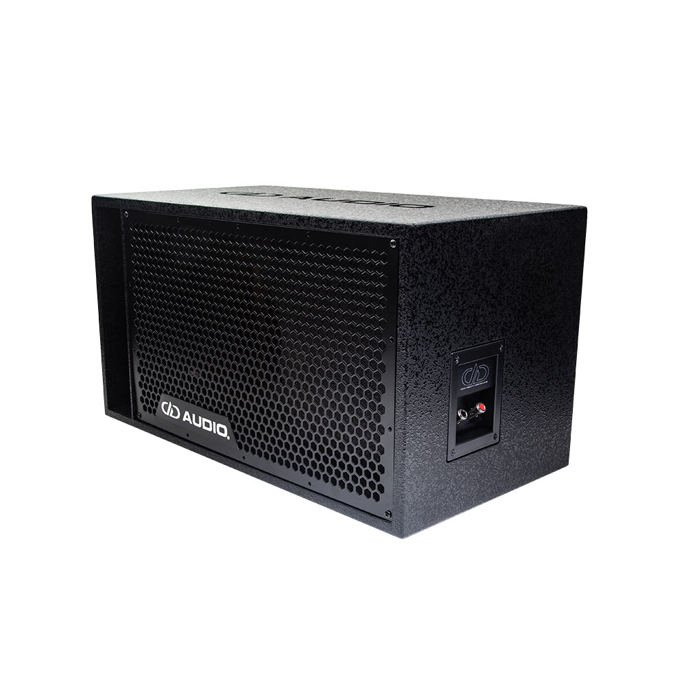 Photo of coated 10 inch loaded enclosure facing front angled left to show side with terminal cup connectors with DD logo, front grill with DD AUDIO logo and port, and a slight glimpse of DD AUDIO logo on top.
