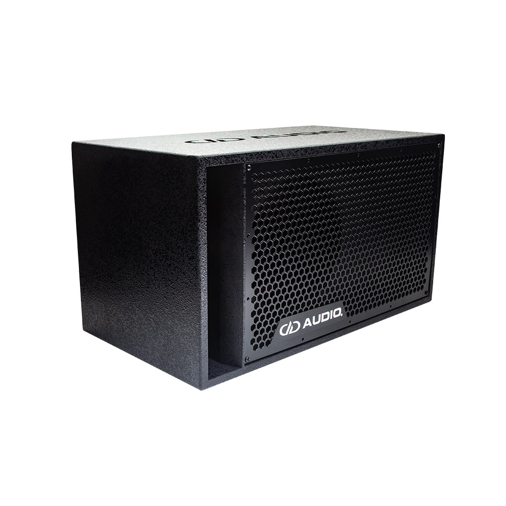 Photo of coated 10 inch loaded enclosure facing front angled right to show front grill with DD AUDIO logo and port, and a slight glimpse of DD AUDIO logo on top.