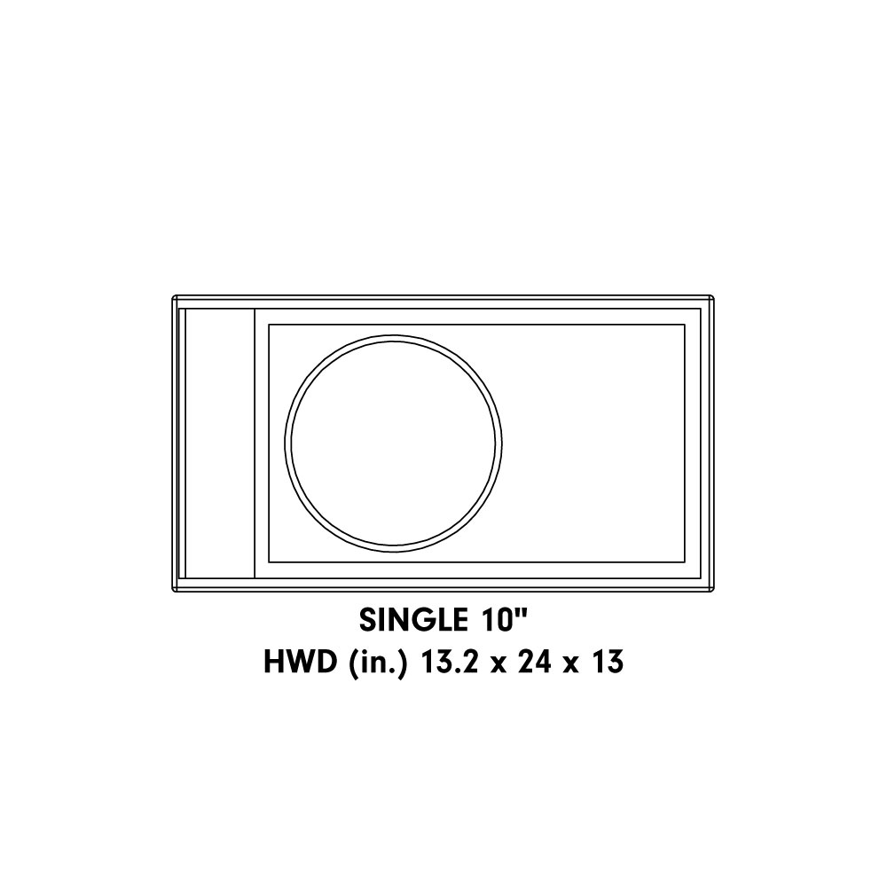 Graphic showing drawing of Single 10" Coated (unloaded) Enclosure with measurements - HWD (inches) 13.2 x 24 x 13