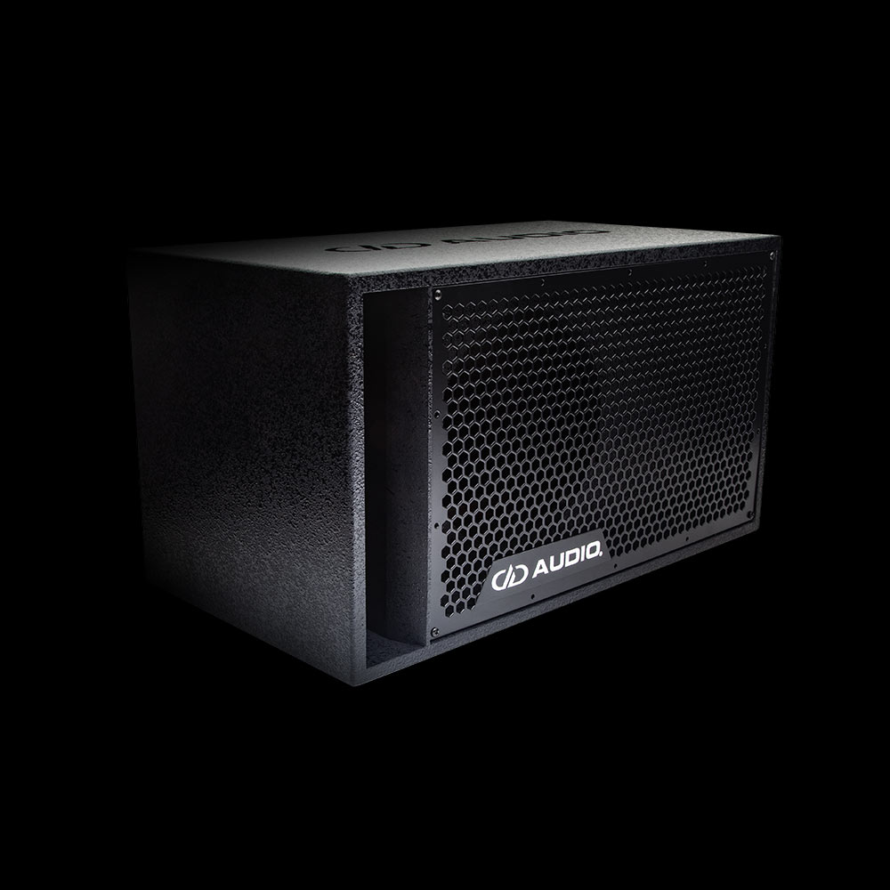 Photo of coated 10 inch loaded enclosure facing front angled right to show front grill with DD AUDIO logo and port, and a slight glimpse of DD AUDIO logo on top.