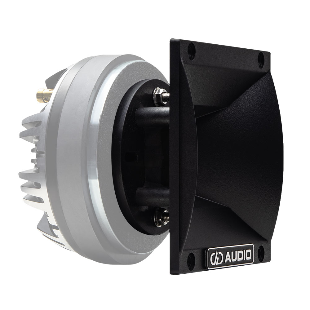 Photo of 6x6 Horn angled left to show black matte finish, curves, and metal plate with DD AUDIO logo - with a ghosted image of a CT55 compression tweeter to demonstrate how it will look mounted - CT55 not included