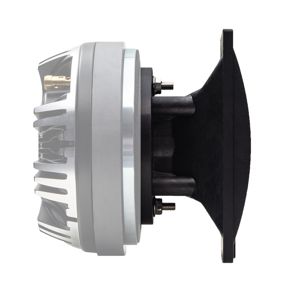 Photo of 6x6 Horn profile shot to show black matte finish and curves - with a ghosted image of a CT55 compression tweeter to demonstrate how it will look mounted - CT55 not included