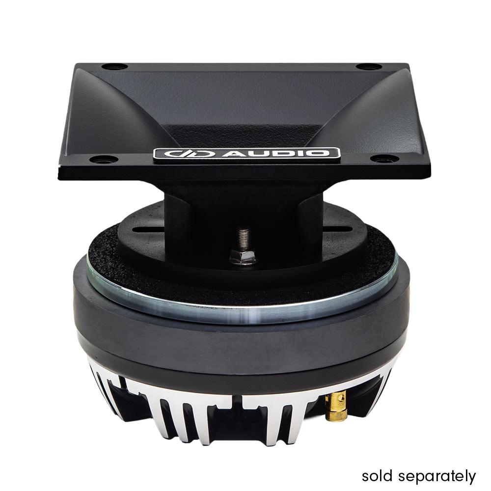 Photo of 6x6 Horn angled top to bottom to show black matte finish, curves, and metal plate with DD AUDIO logo - image includes the horn mounted to a CT55 compression tweeter to demonstrate how it will look mounted - The words "Sold Separately" appear in the bottom right corner
