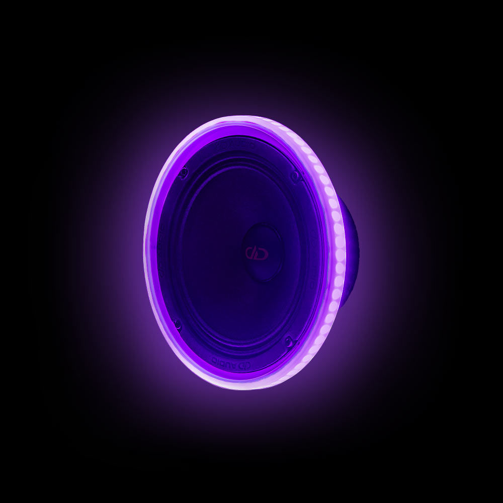 Photo of 6.5 inch LED speaker ring angled right with a purple hue.