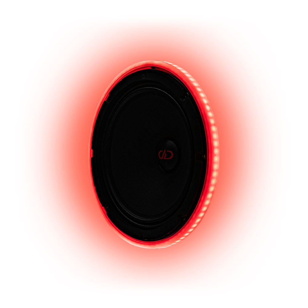 Photo of 8 inch LED speaker ring angled right with a orange-red hue.