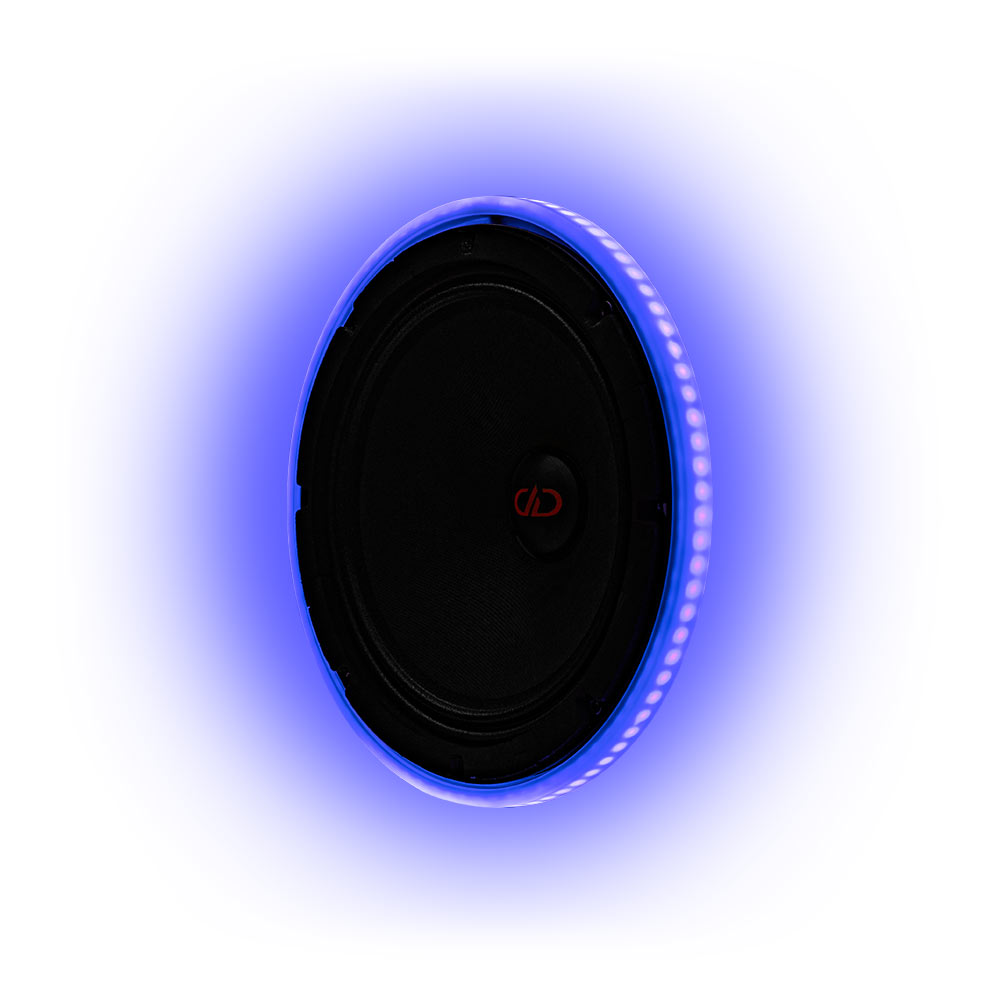 Photo of 8 inch LED speaker ring angled right with a blue hue.